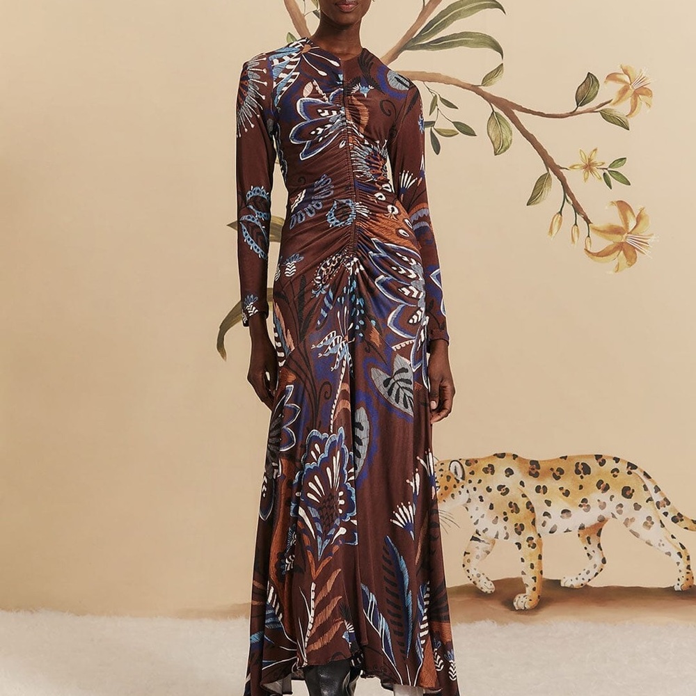 FARM Rio Brown Floral-Print Long-Sleeve Maxi Dress with Blue Accents